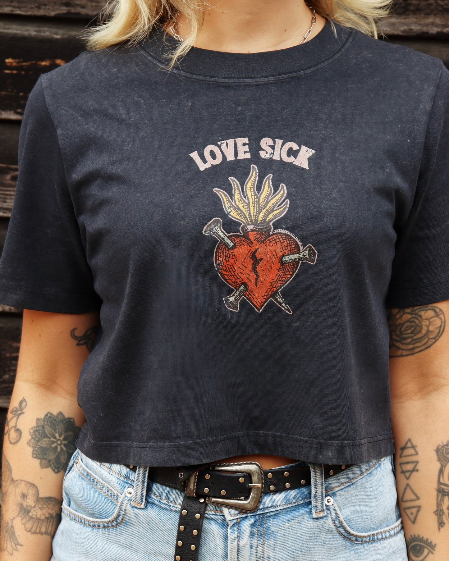 LOVE SICK - Cropped T-Shirt (Black Stone Wash)