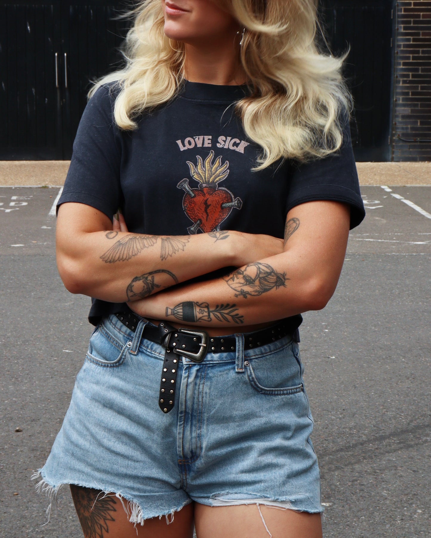 LOVE SICK - Cropped T-Shirt (Black Stone Wash)