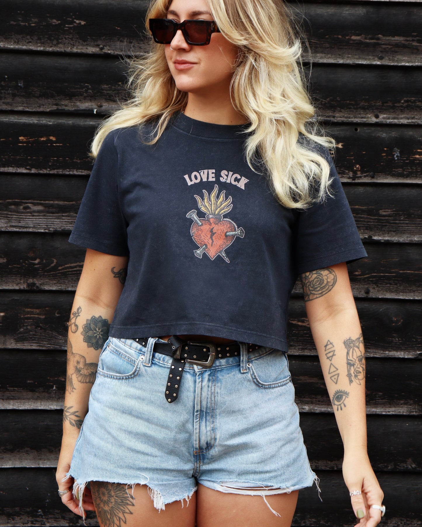 LOVE SICK - Cropped T-Shirt (Black Stone Wash)