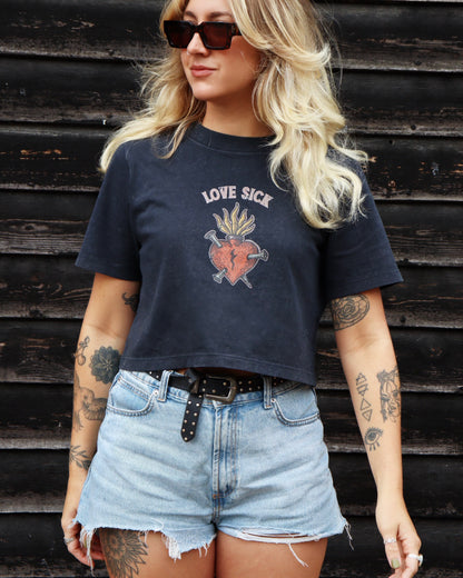 LOVE SICK - Cropped T-Shirt (Black Stone Wash)